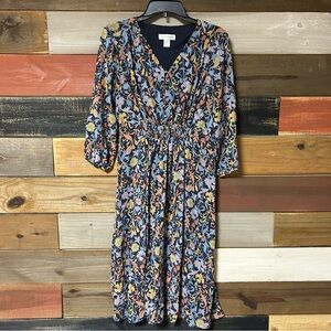 Blue Ruched Sundress with 3/4 Bishop Sleeves